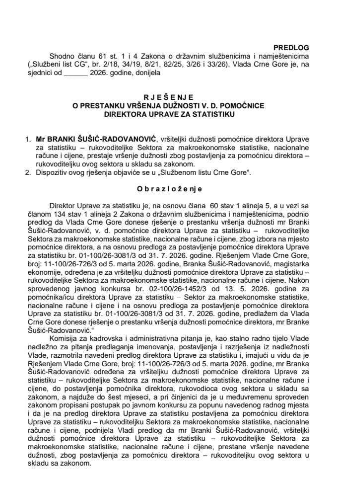 Predlog za prestanak vršenja dužnosti v. d. pomoćnice direktora Uprave za statistiku