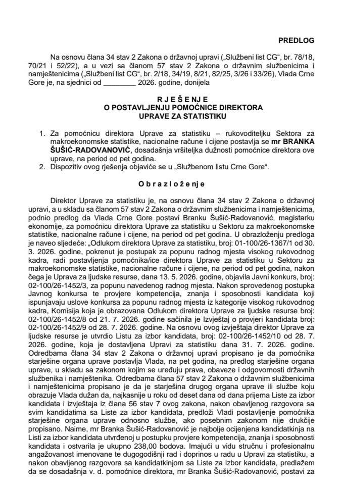 Predlog za postavljenje pomoćnice direktora Uprave za statistiku