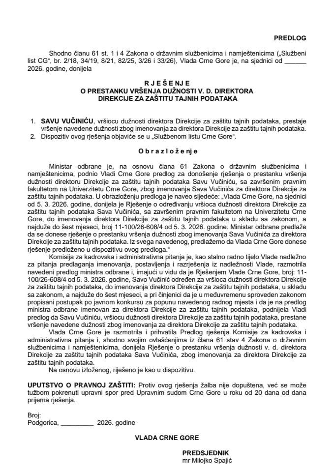 Predlog za prestanak vršenja dužnosti v. d. direktora Direkcije za zaštitu tajnih podataka