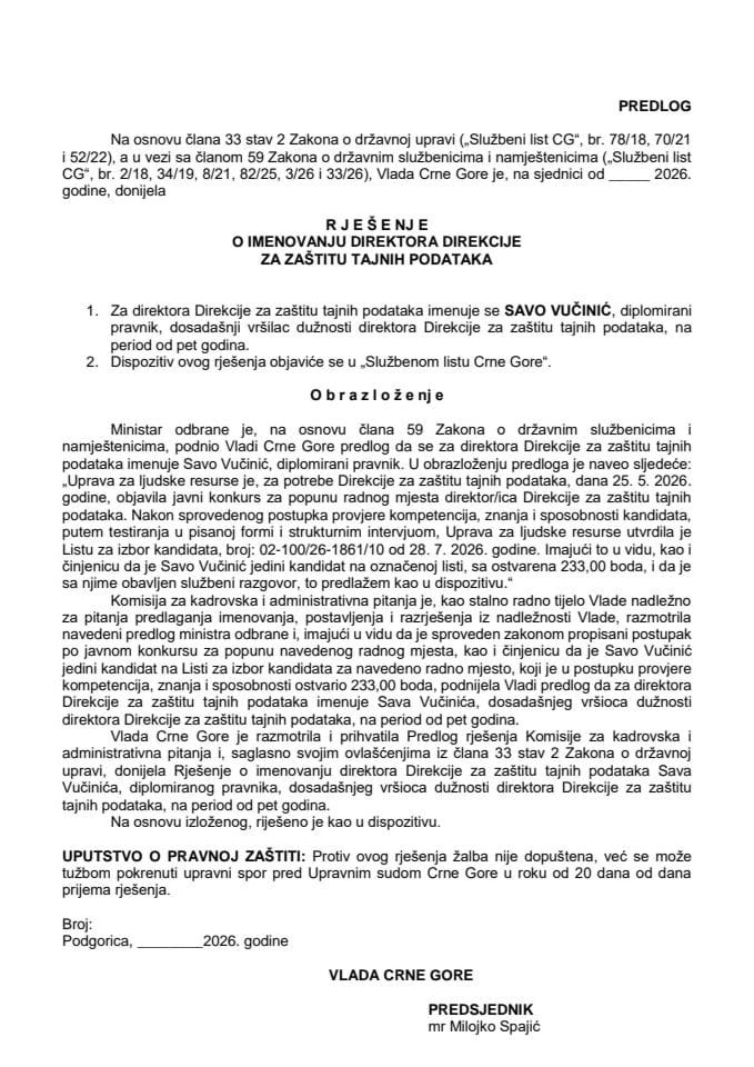 Predlog za imenovanje direktora Direkcije za zaštitu tajnih podataka