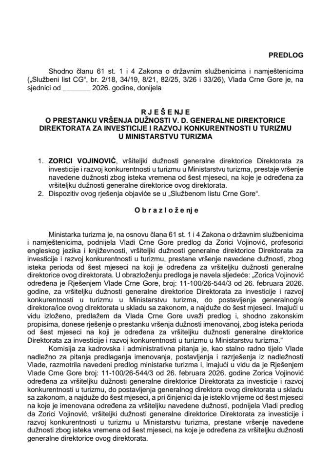 Predlog za prestanak vršenja dužnosti v. d. generalne direktorice Direktorata za investicije i razvoj konkurentnosti u turizmu u Ministarstvu turizma