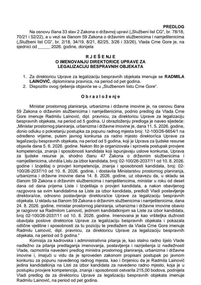 Predlog za imenovanje direktorice Uprave za legalizaciju bespravnih objekata