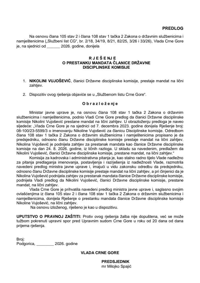 Predlog za prestanak mandata članice Državne disciplinske komisije
