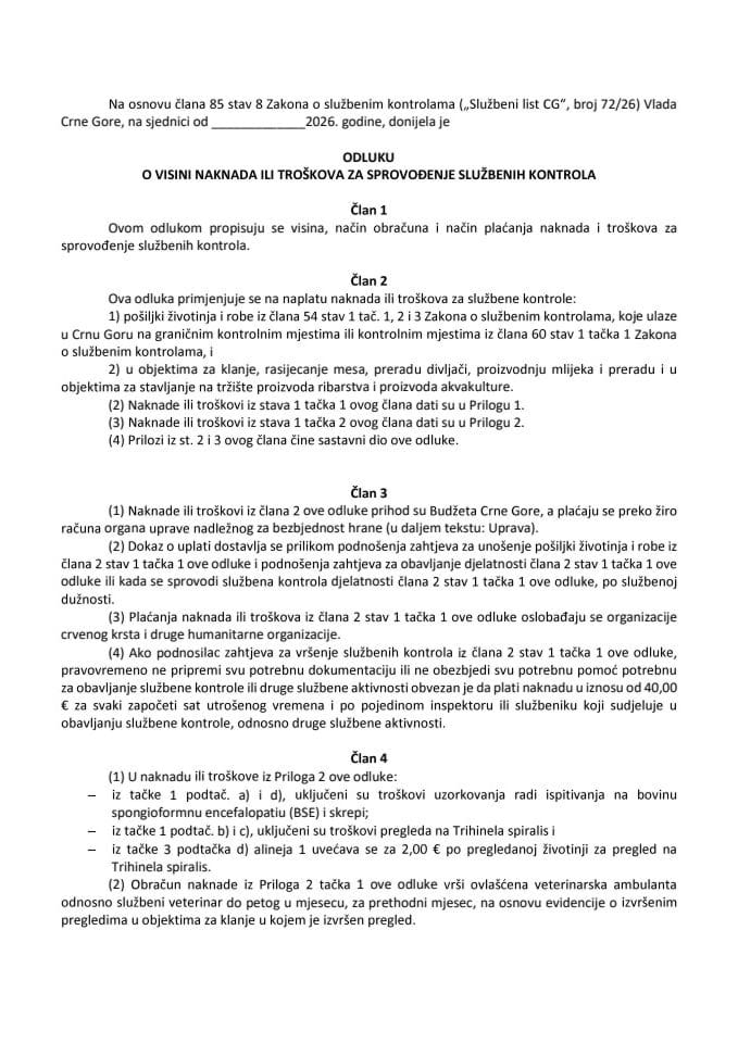 Predlog odluke o visini naknada ili troškova za sprovođenje službenih kontrola