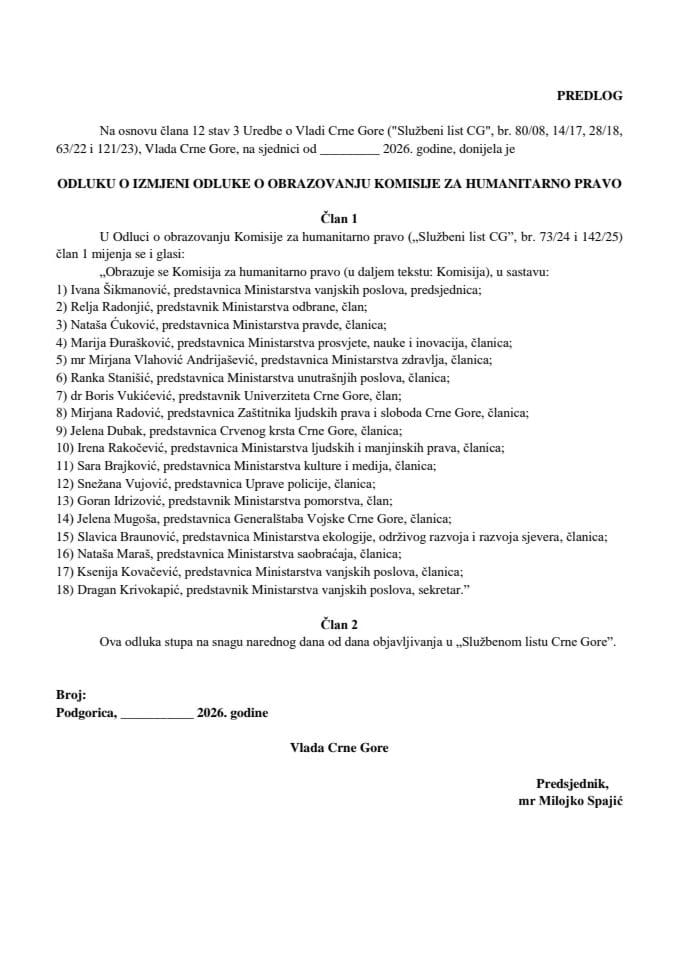 Predlog odluke o izmjeni Odluke o obrazovanju Komisije za humanitarno pravo