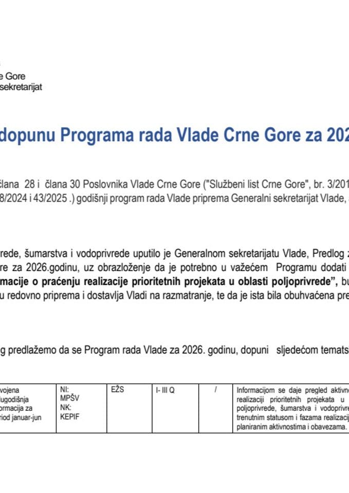 Predlog za dopunu Programa rada Vlade Crne Gore za 2026. godinu, u dijelu dodavanja tematske aktivnosti Ministarstva poljoprivrede, šumarstva i vodoprivrede