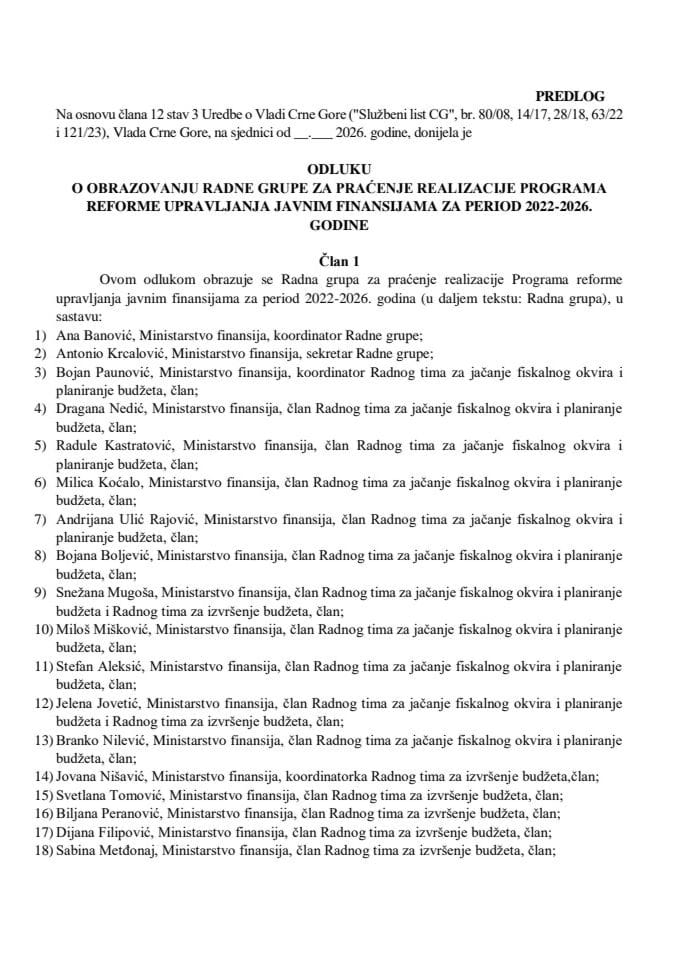 Predlog odluke o obrazovanju Radne grupe za praćenje realizacije Programa reforme upravljanja javnim finansijama za period 2022-2026. godine