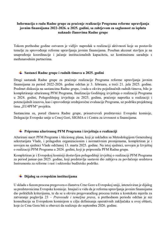 Informacija o radu Radne grupe za praćenje realizacije Programa reforme upravljanja javnim finansijama 2022-2026. u 2025. godini, sa zahtjevom za saglasnost za isplatu naknade članovima Radne grupe