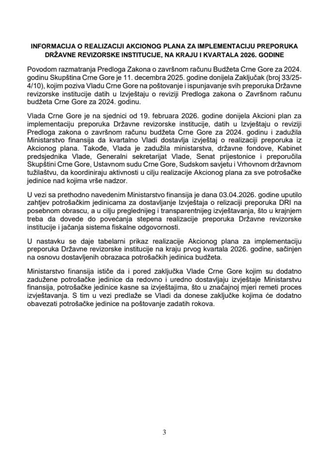Informacija o realizaciji Akcionog plana za implementaciju preporuka Državne revizorske institucije, na kraju prvog kvartala 2026. godine