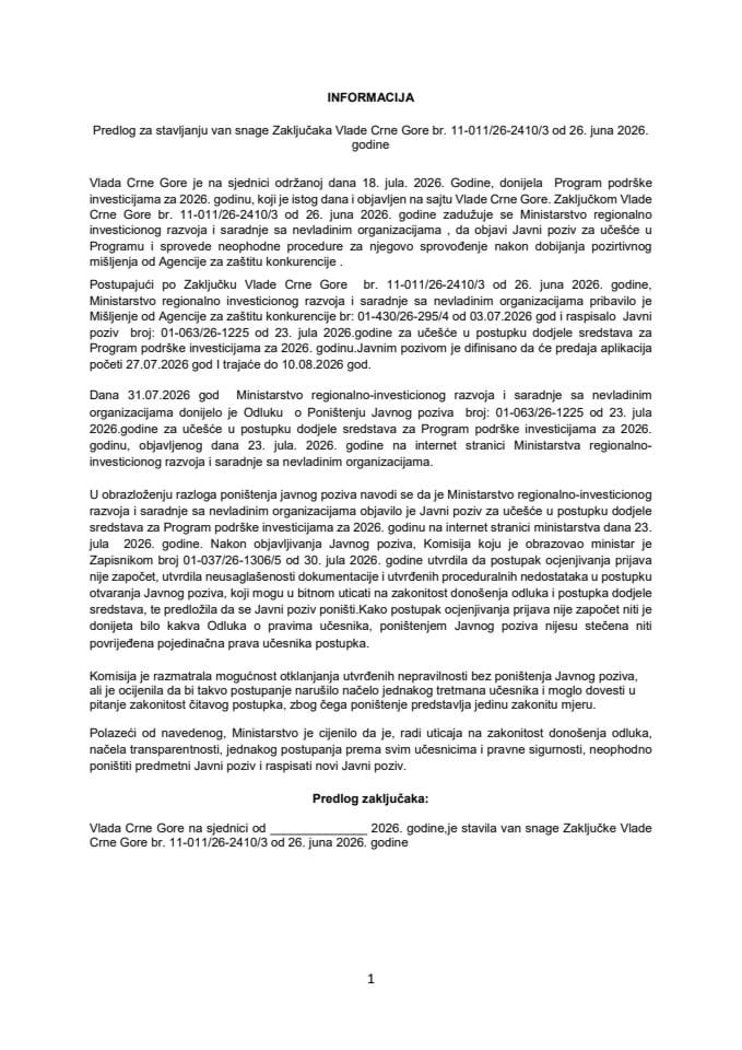 Predlog za stavljanje van snage Zaključaka Vlade Crne Gore, broj: 11-011/26-2410/3, od 26. juna 2026. godine, sa sjednice od 18. juna 2026. godine