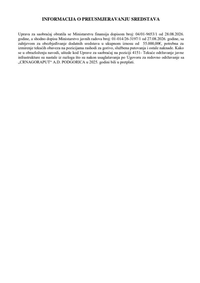 Informacija o preusmjeravanju sredstava