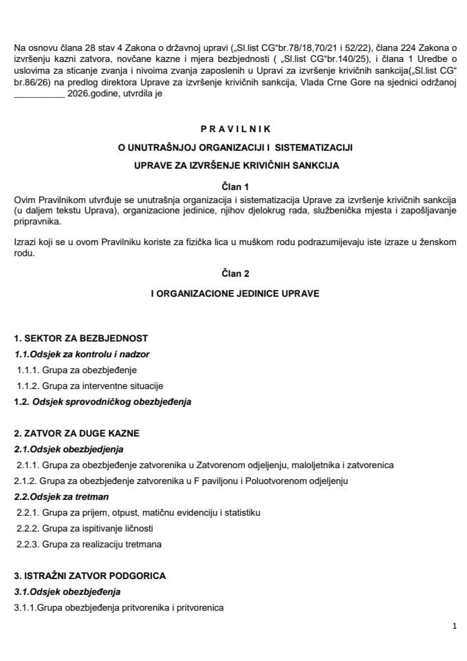 Predlog pravilnika o unutrašnjoj organizaciji i sistematizaciji Uprave za izvršenje krivičnih sankcija