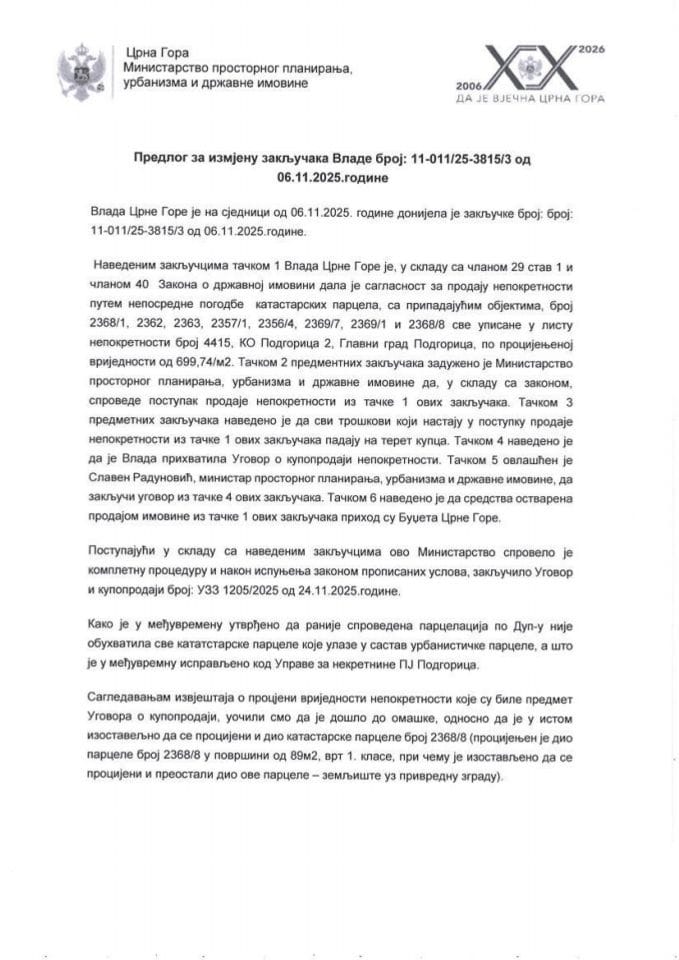 Predlog za izmjenu zaključaka Vlade Crne Gore, broj: 11-011/25-3815/3, od 6. novembra 2025. godine