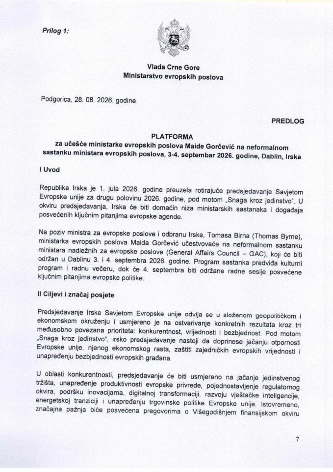 Predlog platforme za učešće ministarke evropskih poslova Maide Gorčević na neformalnom sastanku ministara evropskih poslova, 3 - 4. septembar 2026. godine, Dablin, Irska