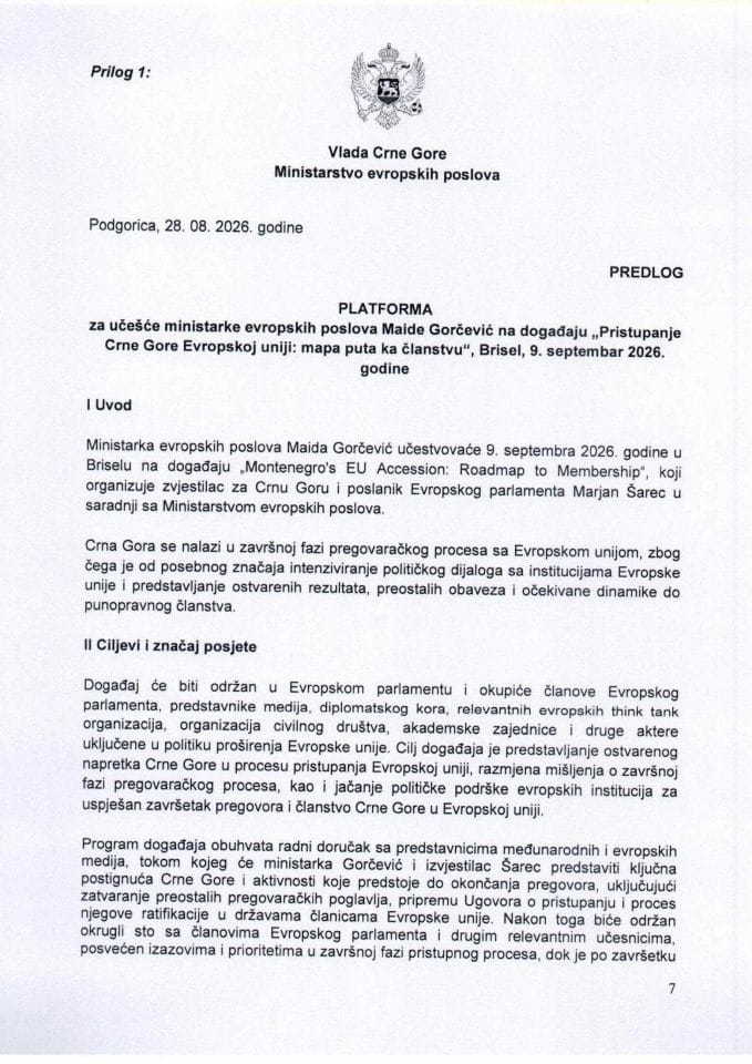 Предлог платформе за учешће министарке европских послова Маиде Горчевић на догађају „Приступање Црне Горе Европској унији: мапа пута ка чланству“, Брисел, 9. септембар 2026. године