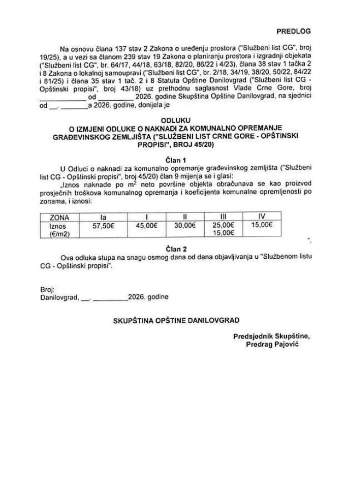 Predlog odluke o izmjeni Odluke o naknadi za komunalno opremanje građevinskog zemljišta Opštine Danilovgrad