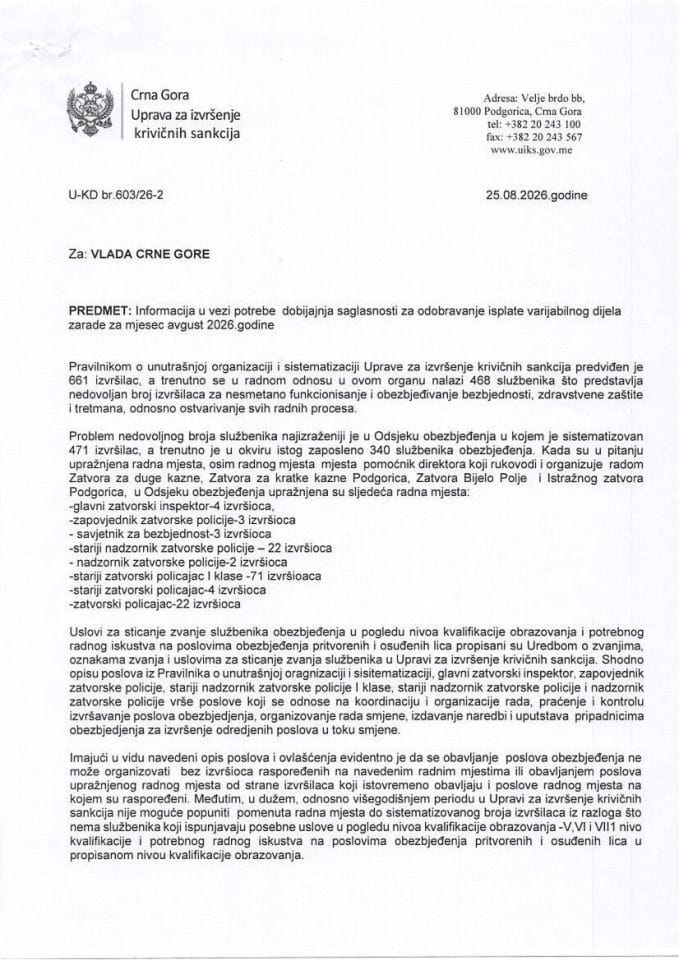 Informacija u vezi davanja saglasnosti za odobrenje isplate varijabilnog dijela zarade za mjesec avgust 2026. godine Upravi za izvršenje krivičnih sankcija