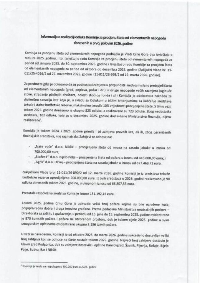 Informacija o realizaciji odluka Komisije za procjenu šteta od elementarnih nepogoda donesenih u prvoj polovini 2026. godine