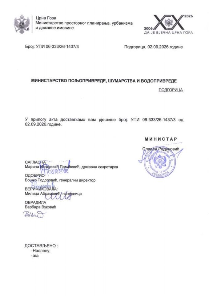 Odbijanje zahtjeva za izdavanje građevinske dozvole - UPI 06_333_26_1437_3 MINISTARSTVO POLJOPRIVREDE, ŠUMARSTVA I VODOPRIVREDE