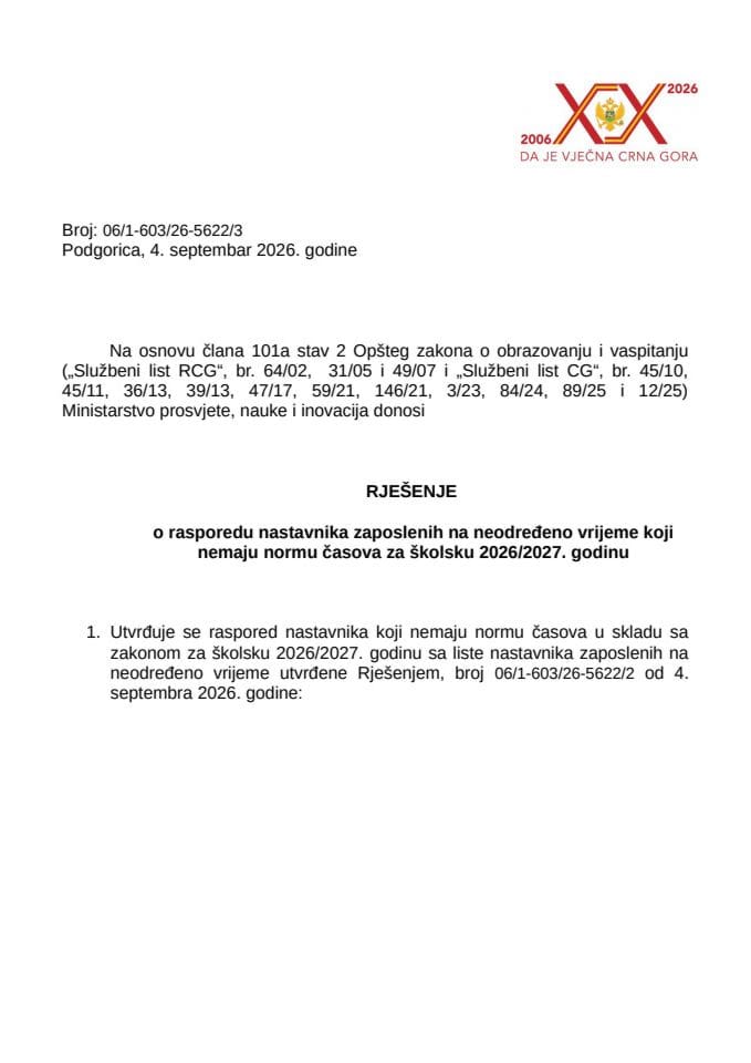 Рјешење - Распоред наставника 2026-2027 