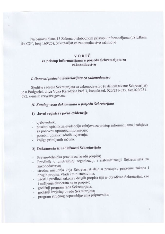 Vodic za pristup informacijama u posjedu Sekretarijata za zakonodavstvo 7.9.2026.
