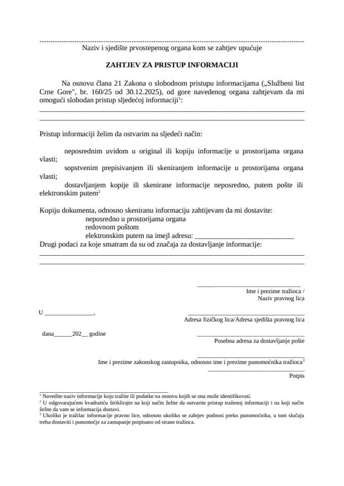 Obrazac zahtjeva za pristup informaciji