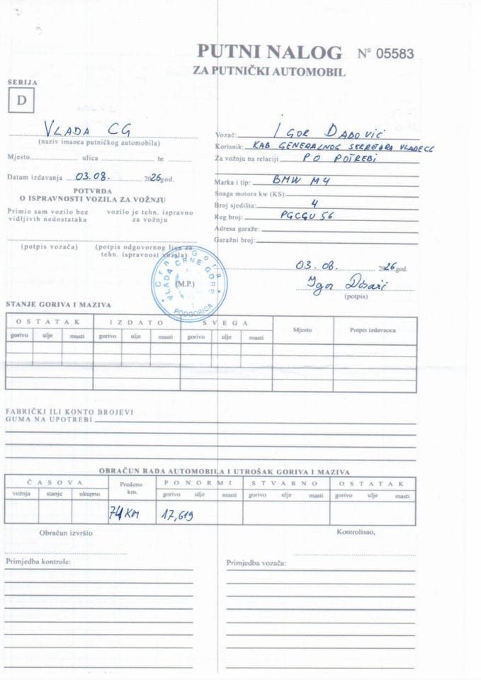 Putni nalozi za korišćenje službenih vozila u periodu od 01.08. do 31.08.2026. godine