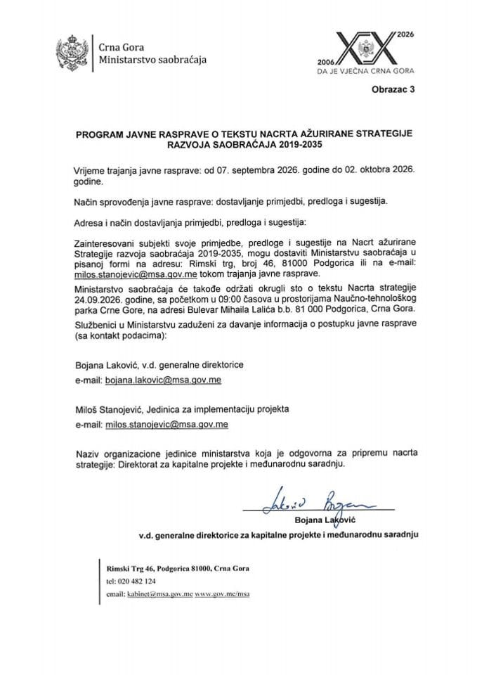 Program javne rasprave za Nacrt Strategije razvoja saobraćaja