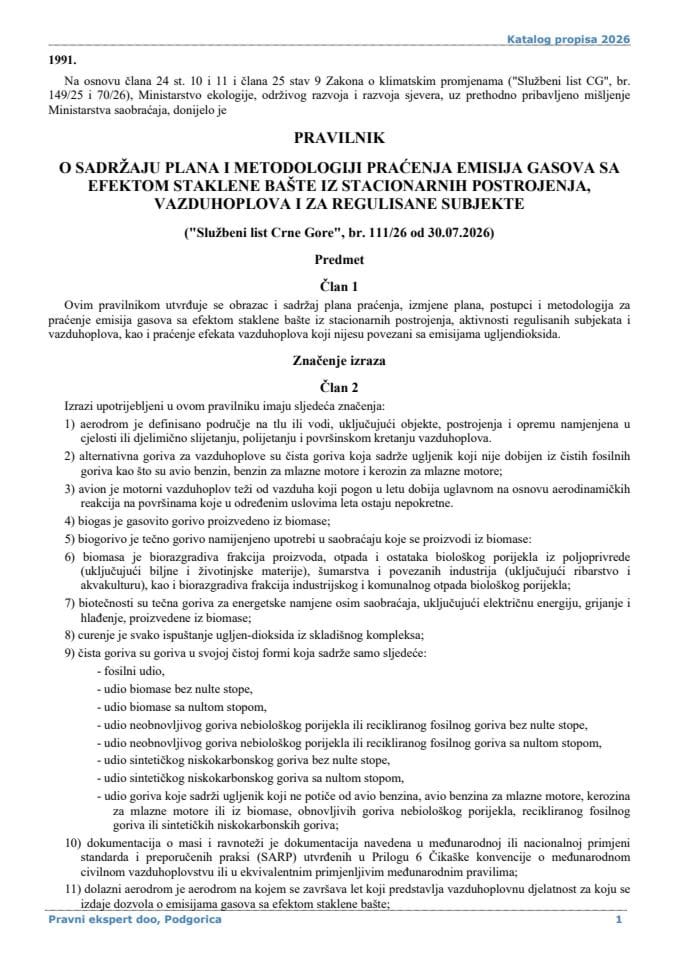 Pravilnik o sadržaju plana i metodologiji praćenja emisija gasova sa efektom staklene bašte iz stacionarnih postrojenja, vazduhoplova i za regulisane subjekte