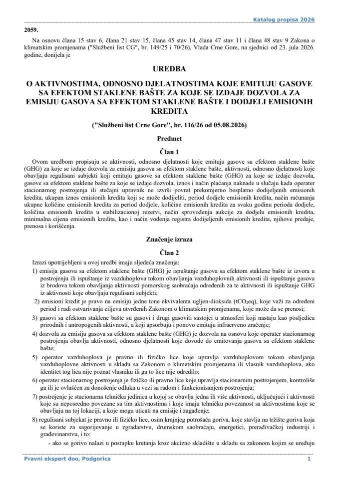 Uredba o aktivnostima odnosno djelatnostima koje emituju gasove sa efektom staklene bašte zakoje se izdaje dozvola za emisiju gasova sa efektom staklene bašte