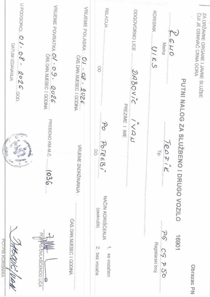 Putni nalozi 1.8.2026. - 1.9.2026. 2