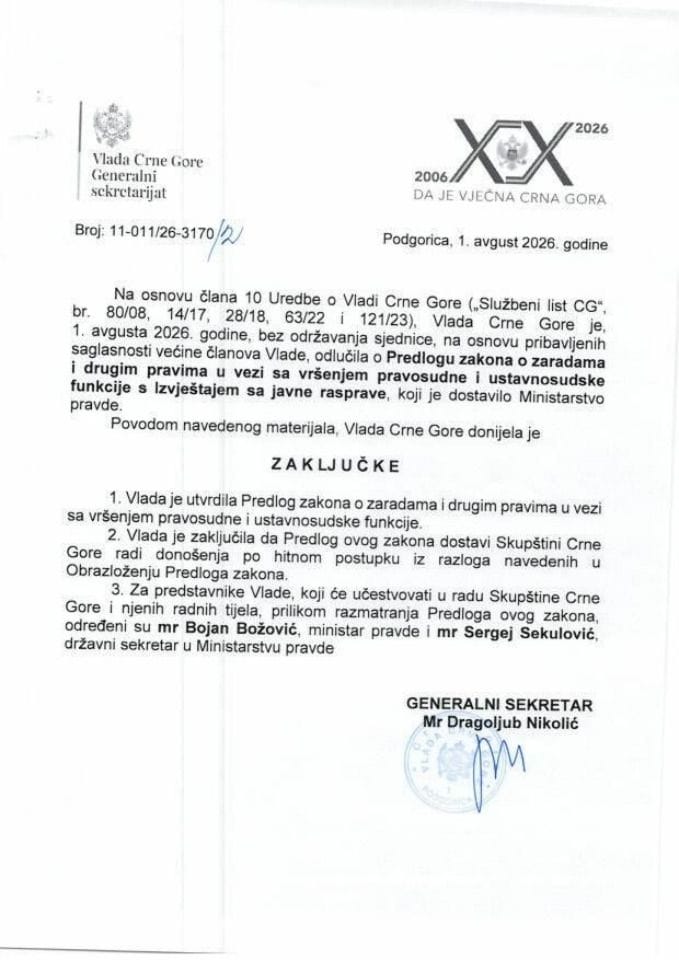 Predlog zakona o zaradama i drugim pravima u vezi sa vršenjem pravosudne i ustavnosudske funkcije s Izvještajem sa javne rasprave - Zaključci