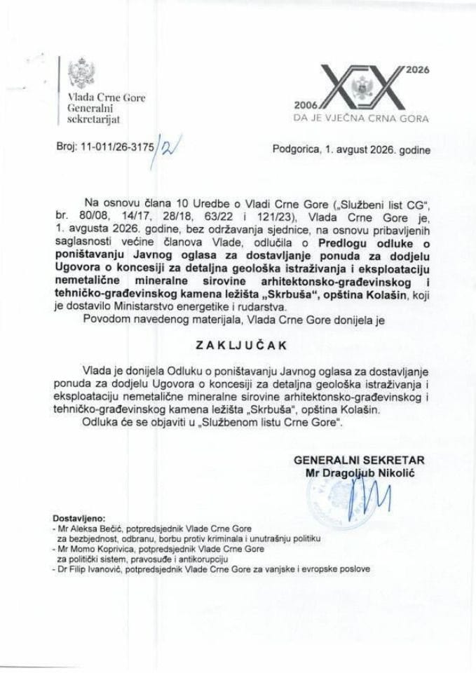 Predlog odluke o poništavanju Javnog oglasa za dostavljanje ponuda za dodjelu Ugovora o koncesiju za geološka istraživanja i eksploataciju nemetalične mineralne sirovine ležišta "Skrbuša", opština Kolašin - Zaključci