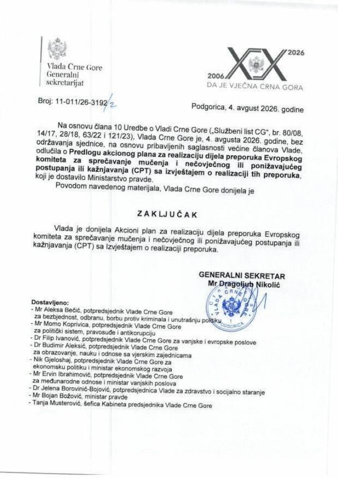 Predlog akcionog plana za realizaciju preporuka Evropskog komiteta za sprečavanje mučenja i nečovječnog ili ponižavajućeg postupanja ili kažnjavanja (CPT) sa izvjeṣ̌tajem o realizaciji preporuka - Zaključci