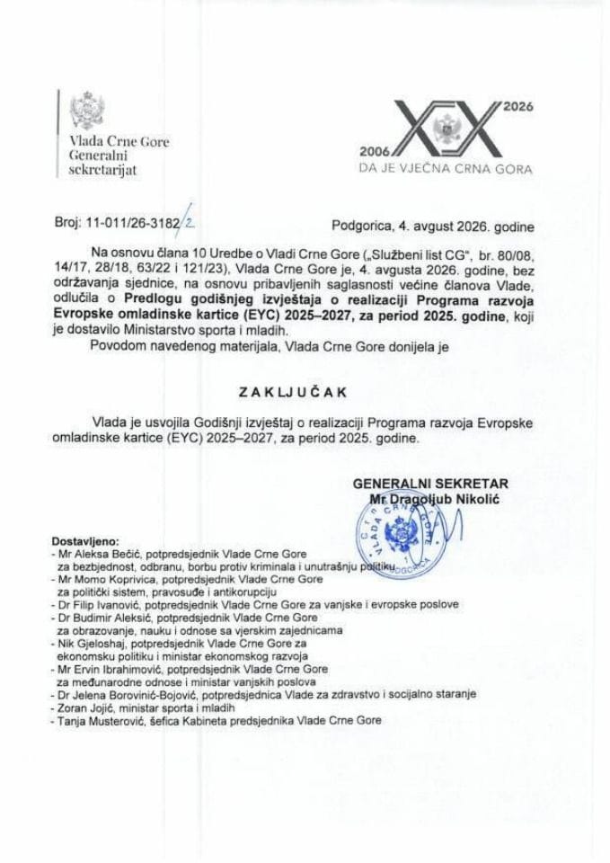 Predlog godiṣ̌njeg izvjeṣ̌taja o realizaciji Programa razvoja Evropske omladinske kartice (EYC) 2025-2027, za period 2025. godine - Zaključci