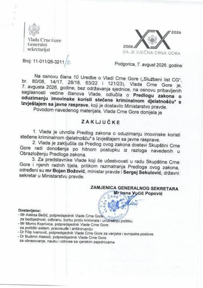 Predlog zakona o oduzimanju imovinske koristi stečene kriminalnom djelatnošću* s Izvještajem sa javne rasprave - Zaključci