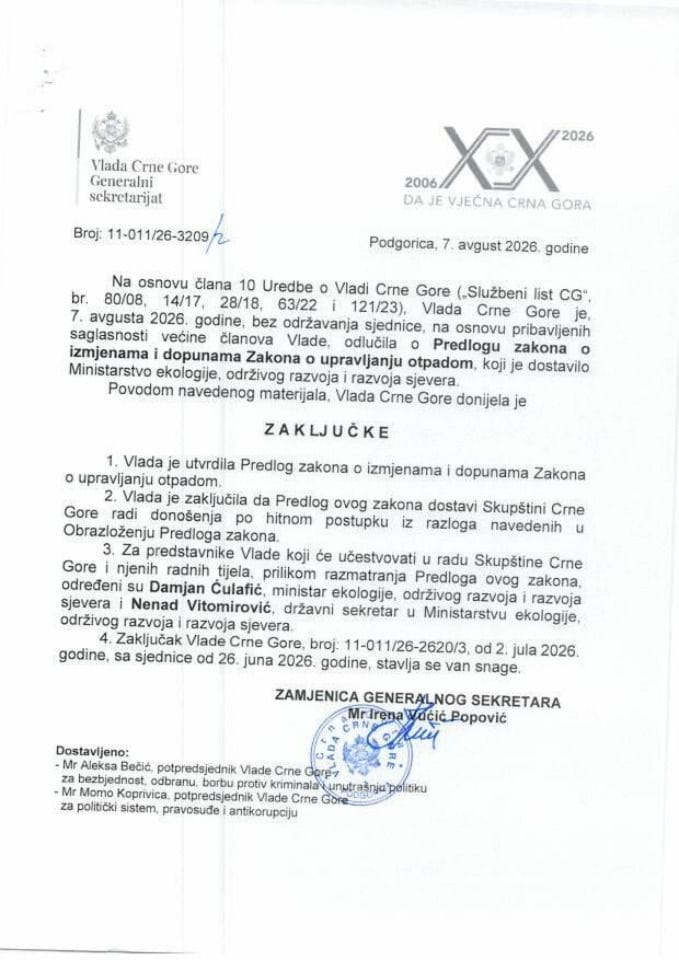 Predlog zakona o izmjenama i dopunama Zakona o upravljanju otpadom - Zaključci
