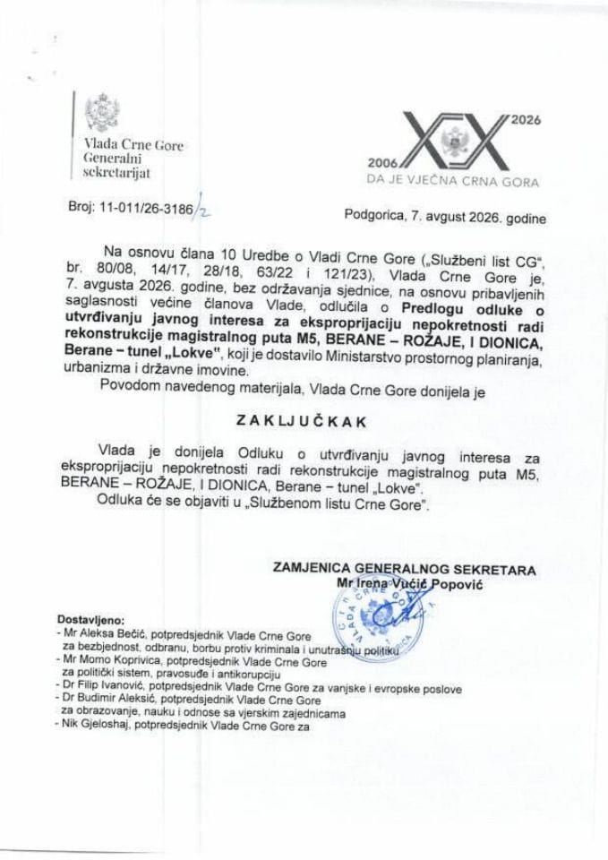 Predlog odluke o utvrđivanju javnog interesa za eksproprijaciju nepokretnosti radi rekonstrukcije magistralnog puta M5, BERANE – ROŽAJE, I DIONICA, Berane – tunel „Lokve“ - Zaključci
