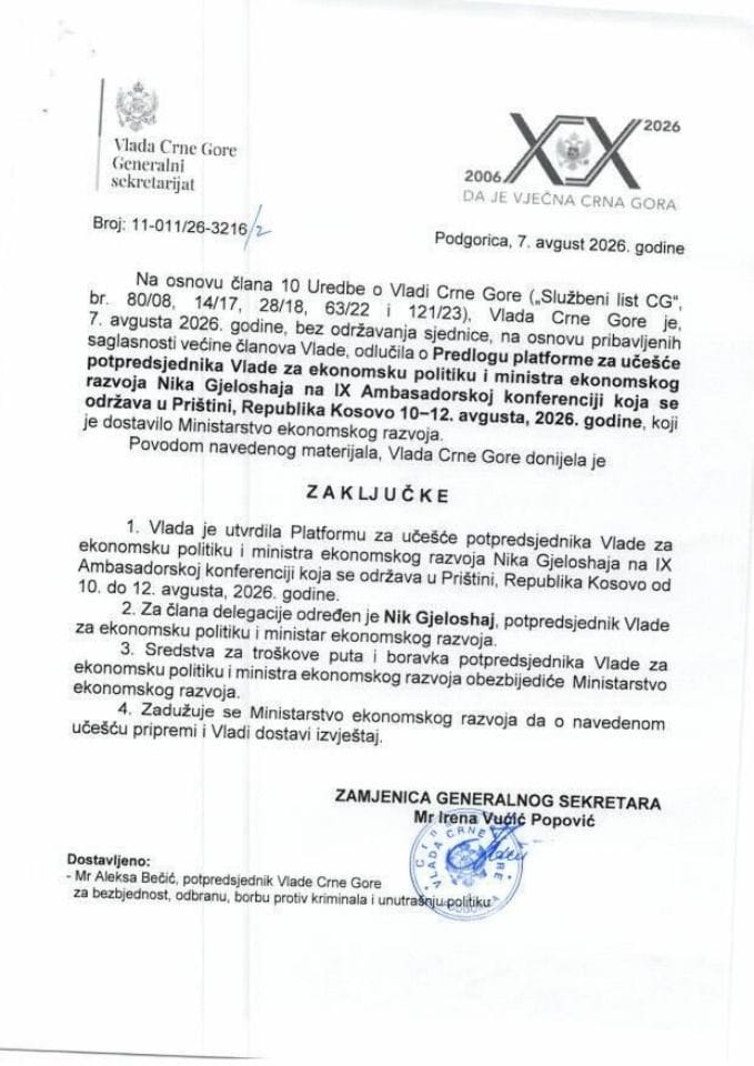 Predlog platforme za učešće potpredsjednika Vlade za ekonomsku politiku i ministra ekonomskog razvoja Nika Gjeloshaja na IX Ambasadorskoj konferenciji koja se održava u Prištini, Republika Kosovo 10-12. avgusta, 2026. godine - Zaključci
