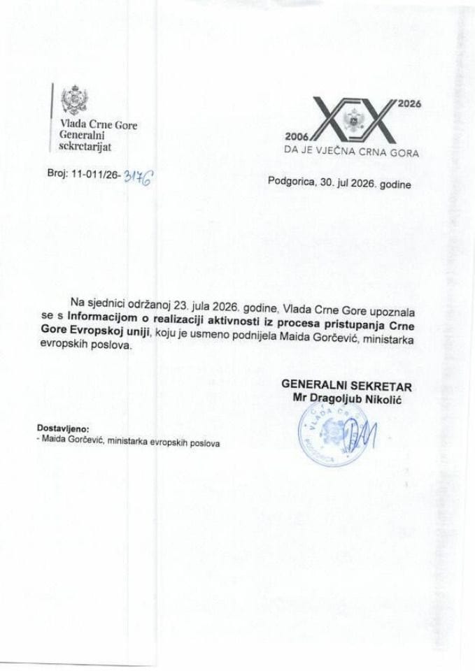 Usmena informacija o realizaciji aktivnosti iz procesa pristupanja Crne Gore Evropskoj uniji - Zaključci
