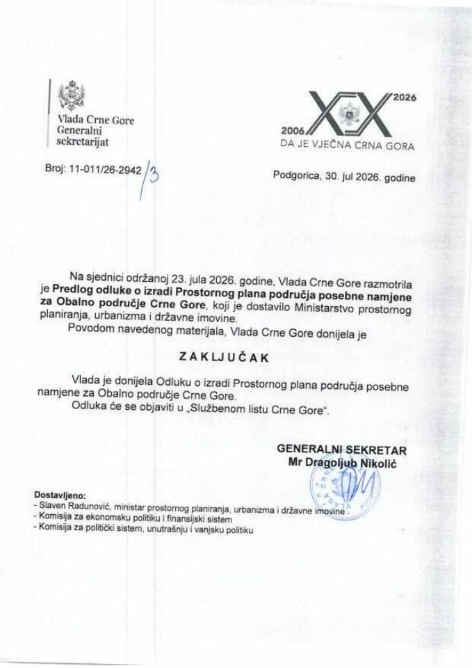 Predlog odluke o izradi Prostornog plana područja posebne namjene za Obalno područje Crne Gore - Zaključci