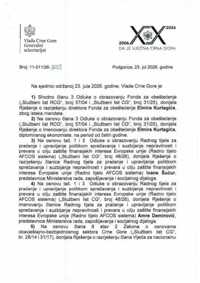 Kadrovska pitanja - 135. sjednica Vlade - Zaključci