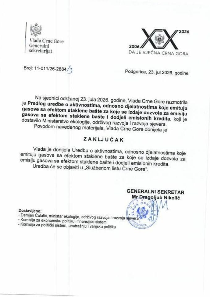 Predlog uredbe o aktivnostima, odnosno djelatnostima koje emituju gasove sa efektom staklene bašte za koje se izdaje dozvola za emisiju gasova sa efektom staklene bašte i dodjeli emisionih kredita - Zaključci