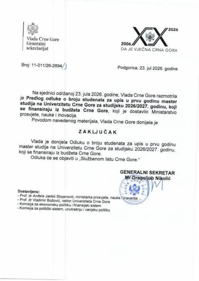 Predlog odluke o broju studenata za upis u prvu godinu master studija na Univerzitetu Crne Gore za studijsku 2026/2027. godinu koji se finansiraju iz budžeta Crne Gore - Zaključci