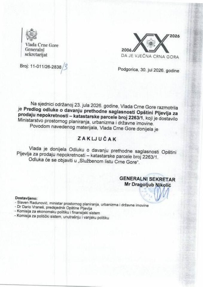 Предлог одлуке о давању претходне сагласности Општини Пљевља за продају непокретности - катастарске парцеле број 2263/1 - Закључци