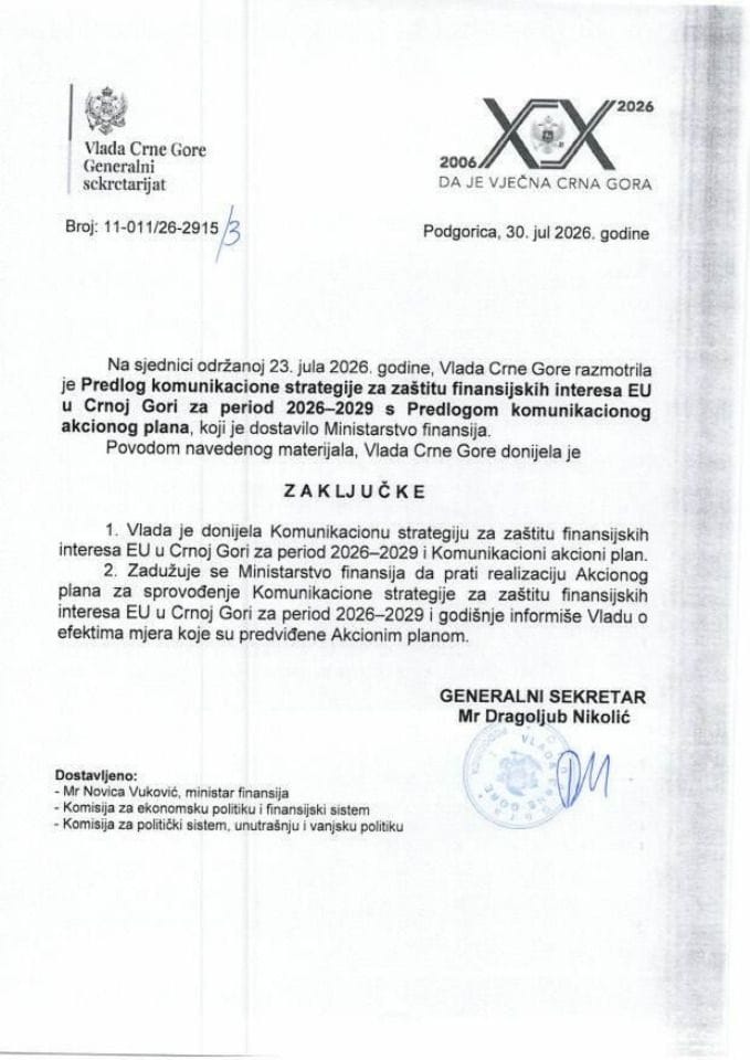 Predlog komunikacione strategije za zaštitu finansijskih interesa EU u Crnoj Gori za period 2026-2029 s Predlogom komunikacionog akcionog plana - Zaključci