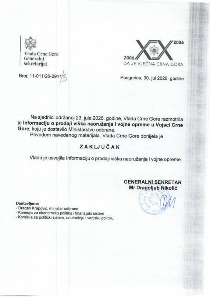 Informacija o prodaji viška naoružanja i vojne opreme u Vojsci Crne Gore - Zaključci