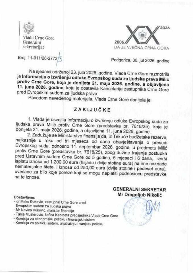 Informacija o izvršenju odluke Evropskog suda za ljudska prava Milić protiv Crne Gore, koja je donijeta 21. maja 2026. godine, a objavljena 11. juna 2026. godine - Zaključci