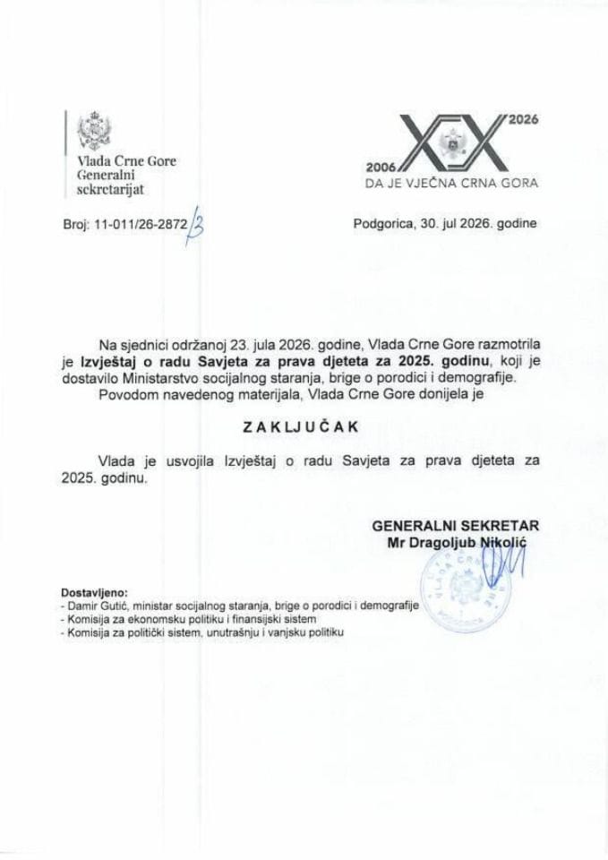 Izvještaj o radu Savjeta za prava djeteta za 2025. godinu - Zaključci