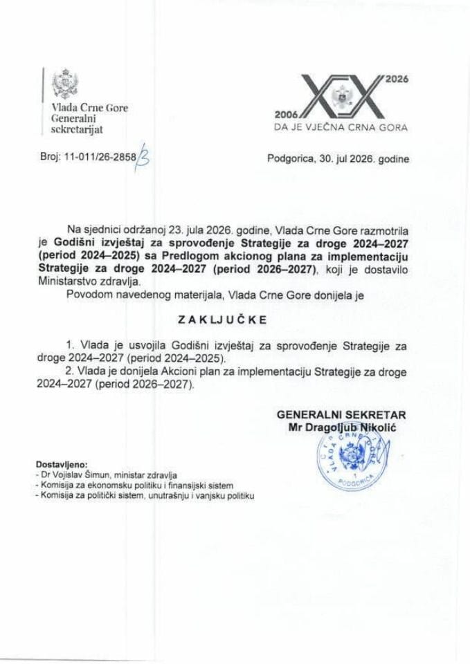 Годишни извјештај за спровођење Стратегије за дроге 2024 - 2027 (период 2024 - 2025) са Предлогом акционог плана за имплементацију Стратегије за дроге 2024-2027 (период 2026-2027) - Закључци
